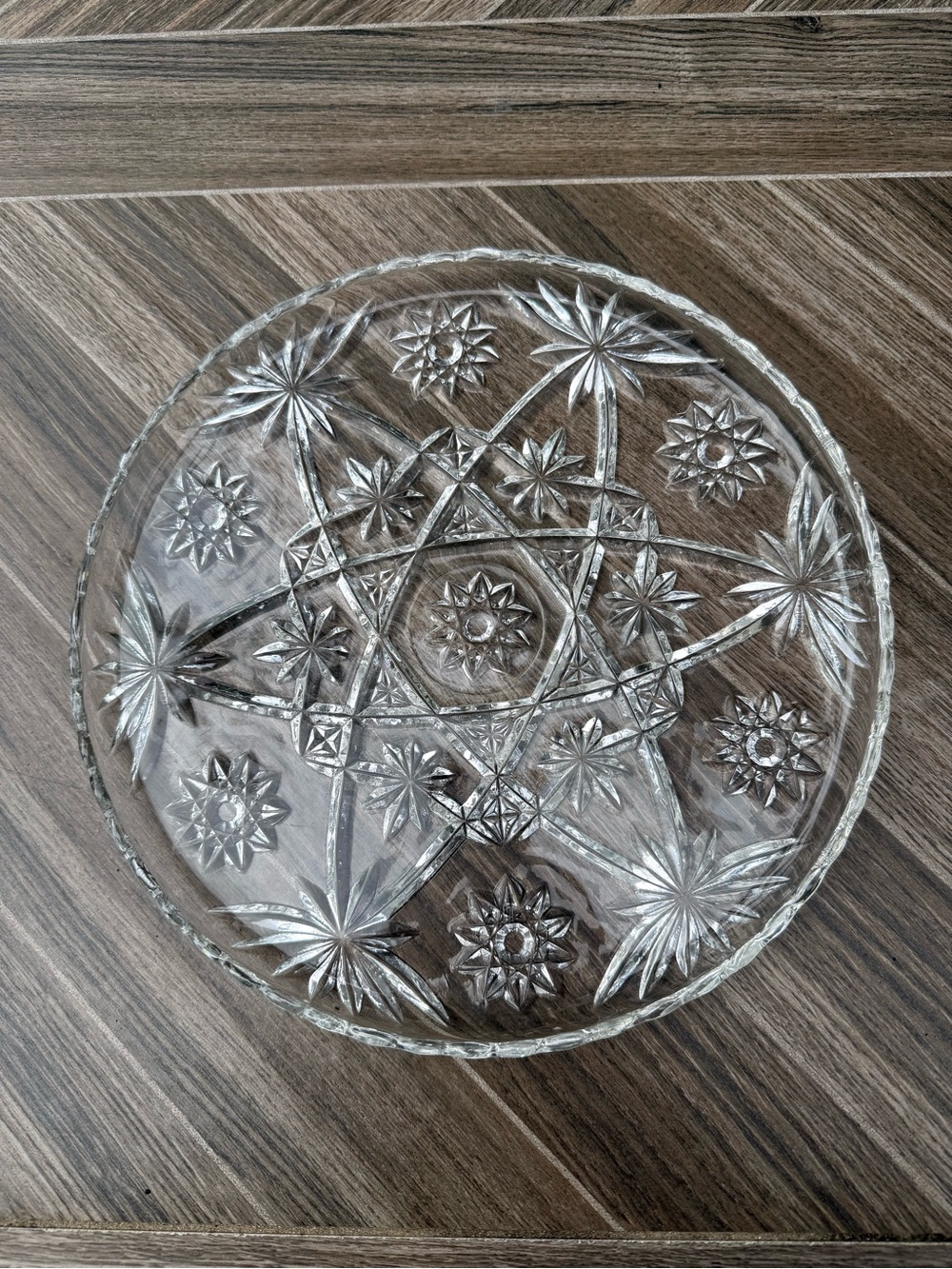 Vintage Anchor Hocking Clear Cut Glass Starburst Serving Plate Geometric 11”
